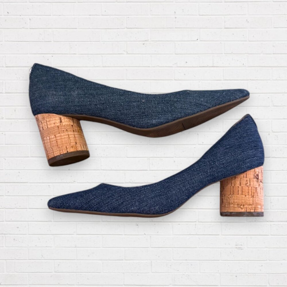 ANN KLEIN Necessity Blue Denim Round Cork Heels Shoes Women's 6 - Picture 5 of 8